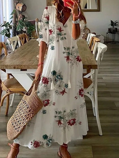 Women's V Neck Boho Maxi Dress in White 3