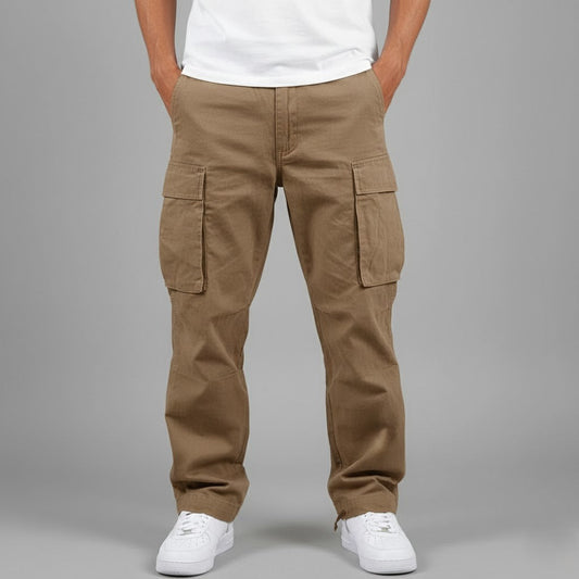 Men's Relaxed Fit Patch Pocket Belted Casual Cargo Trousers in Brown