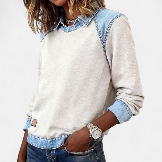Women's Denim Collar Contrast Trim Sweatshirt view 2