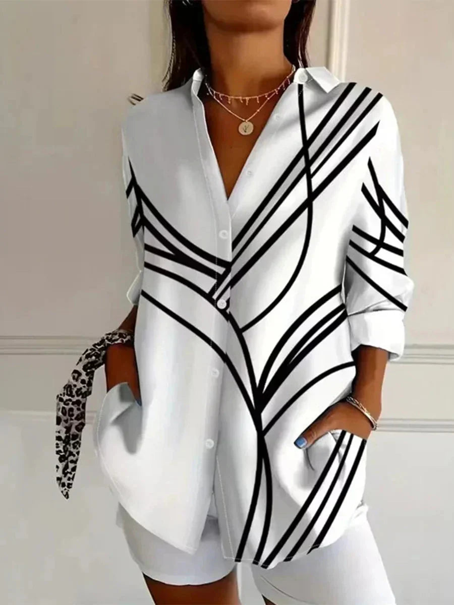 Women's Long Sleeve Button Front Striped Blouse in White