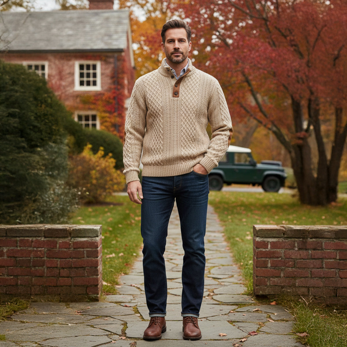 Men's Button Neck Elbow Patch Knitted Jumper