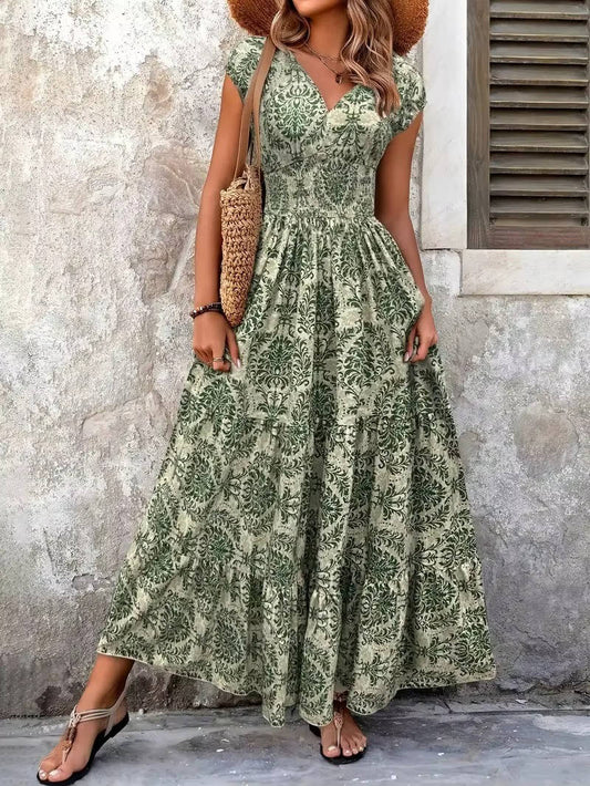 Women's V Neck Short Sleeve Maxi Dress in Green