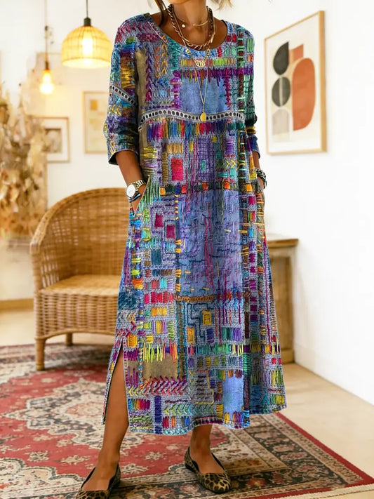 Women's Abstract Print Side Split Midi Dress in Blue