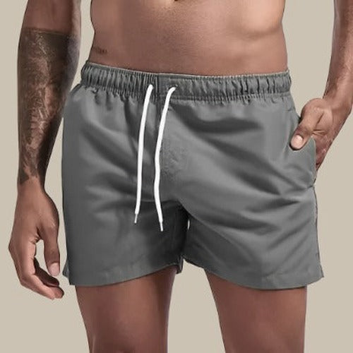 Men's Elastic Waist Patch Pocket Swim Shorts in Grey