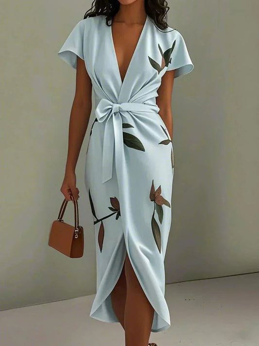 Women's Printed Bow Detail Draped Midi Dress in Light Blue
