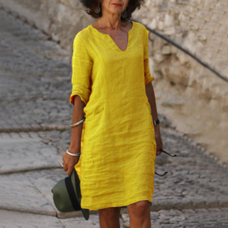 Women's V Neck Relaxed Fit Midi Dress in Yellow