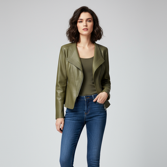 Women's Sienna Brown Tailored Biker Jacket in Emerald Green