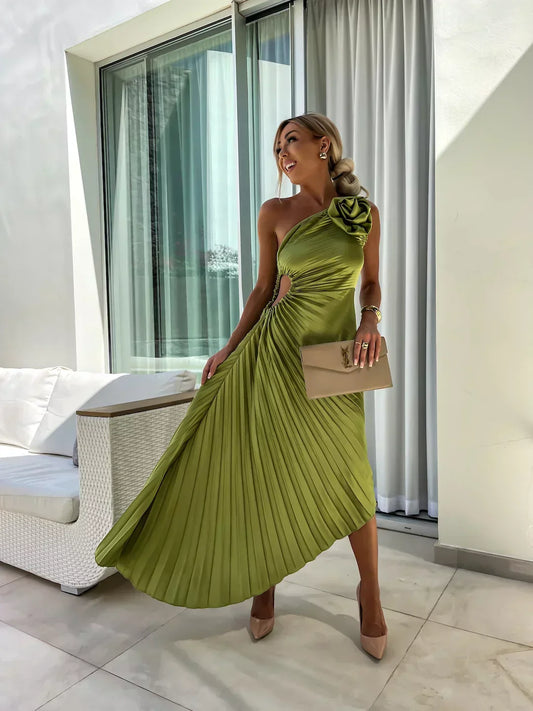 Women's Floral One Shoulder Maxi Dress in Green