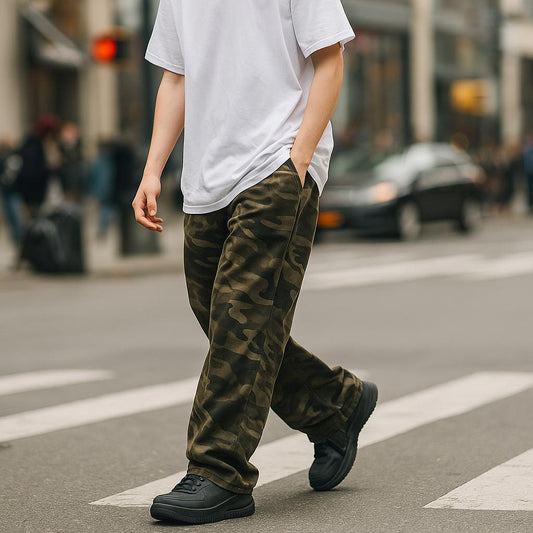 Men's Camo Wide Leg Vintage Belted Cargo Trousers