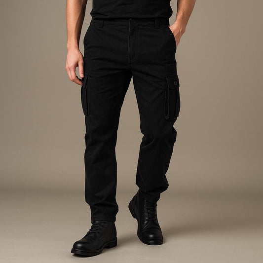 Men's Belted Patch Pocket Cargo Trousers in Black