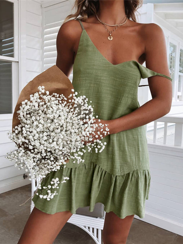 Women's V Neck Ruffle Mini Dress in Green