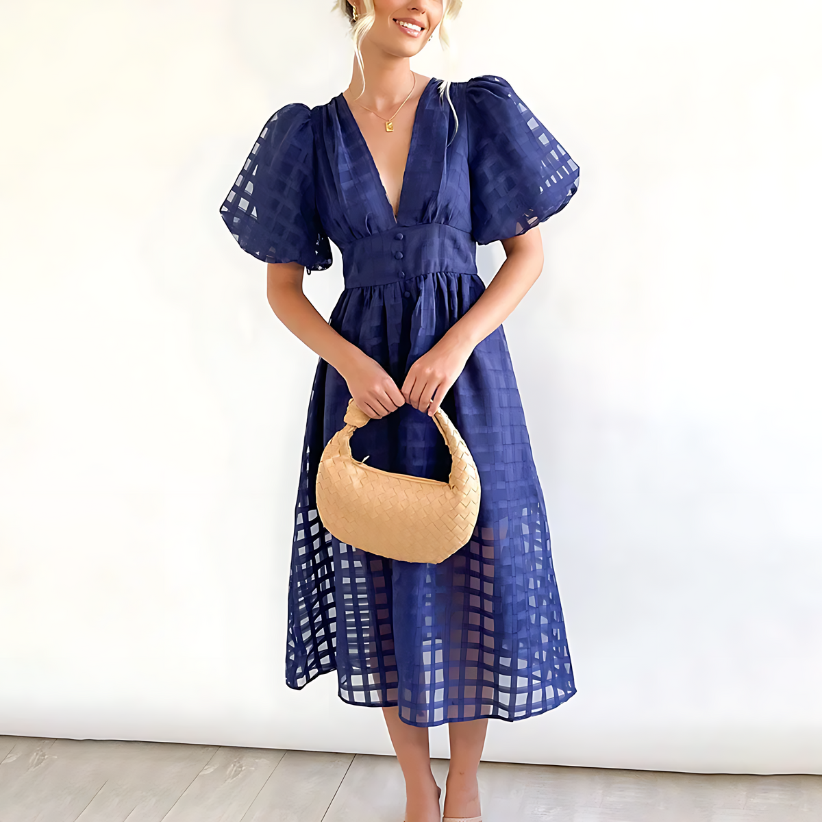 Women's Puff Sleeve V Neck Cutwork Midi Dress in Navy blue