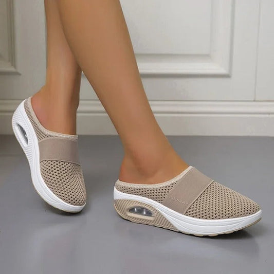 Women's Mesh Panel Slip On Wedge Slippers in Khaki