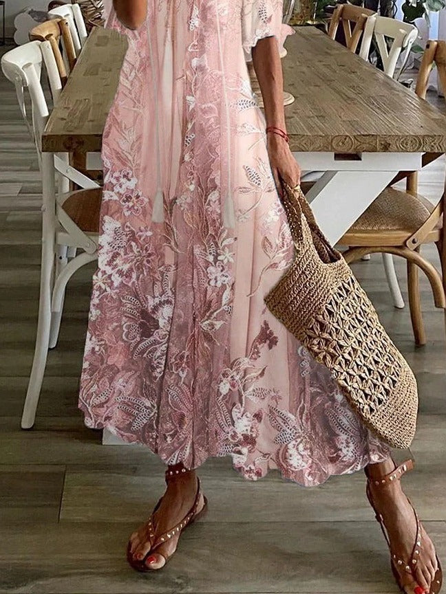Women's Embroidered Sheer Floral Kaftan Maxi Dress