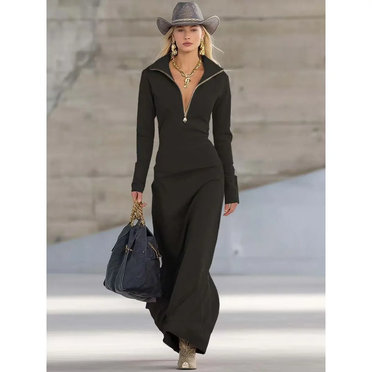 Women's Black Knitted Roll Neck Maxi Dress