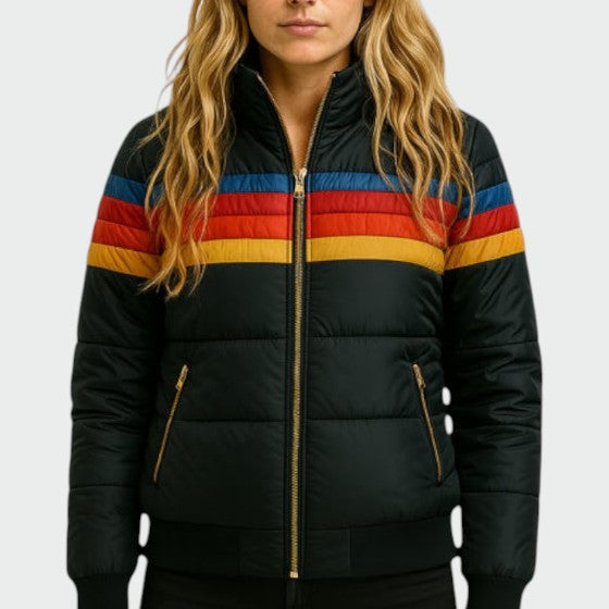 Women's Striped Hooded Quilted Casual Puffer Jacket view 6