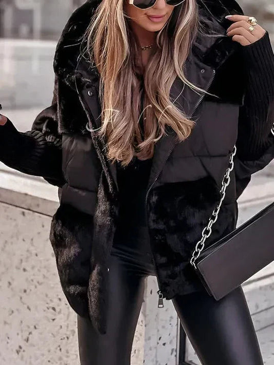 Women's Hooded Quilted Faux Fur Coat view 2