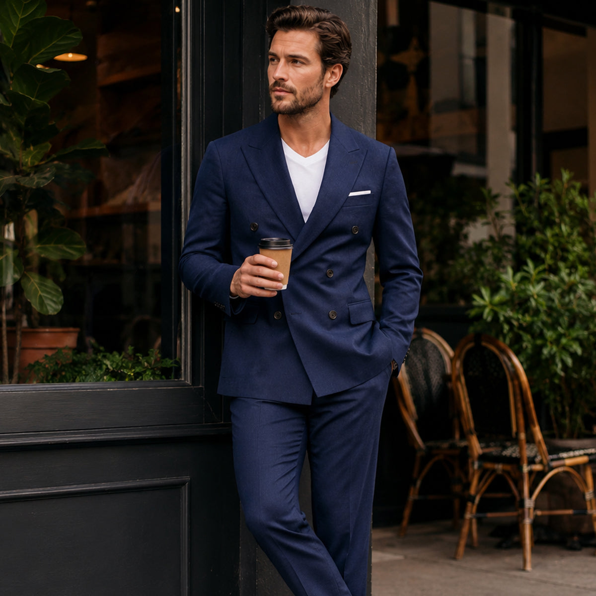 Men's Slim Fit Double Breasted Button Front Lightweight Blazer