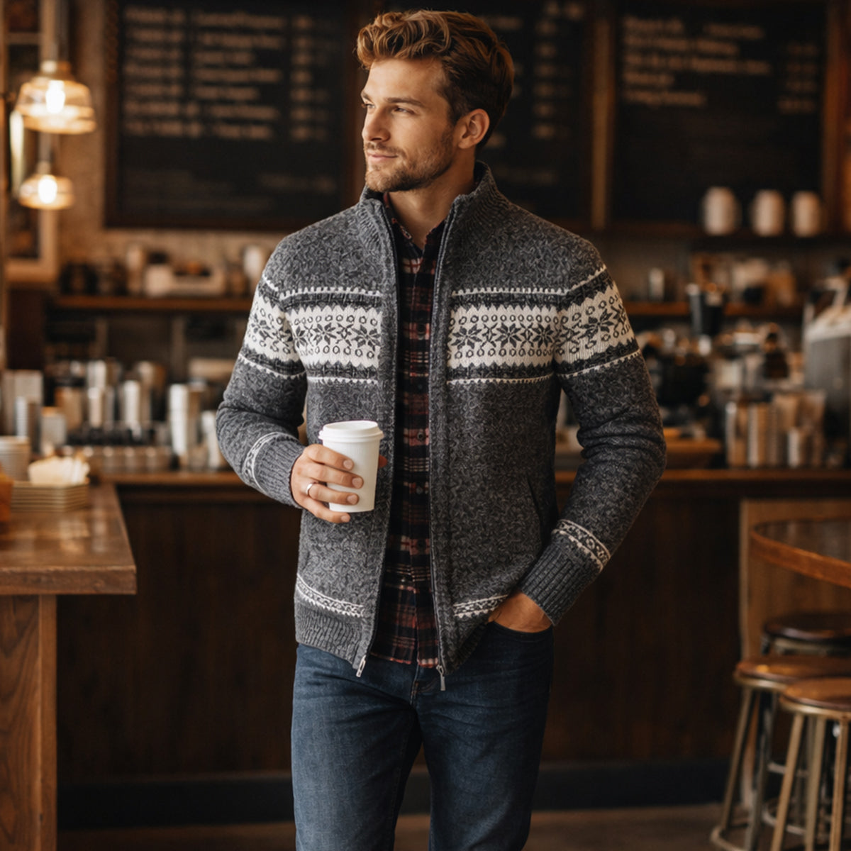 Men's Checked Knitted Zip Up Cardigan view 10