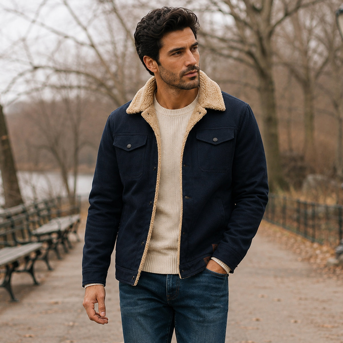 Men's Beige Fleece Lined Winter Coat
