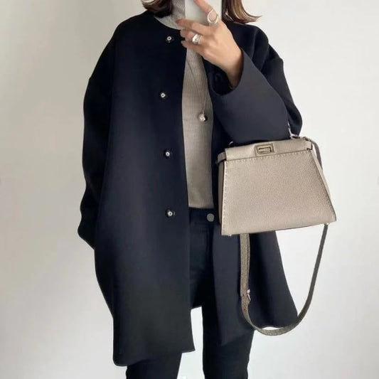Women's Oversized Collarless Button Front Overcoat view 2