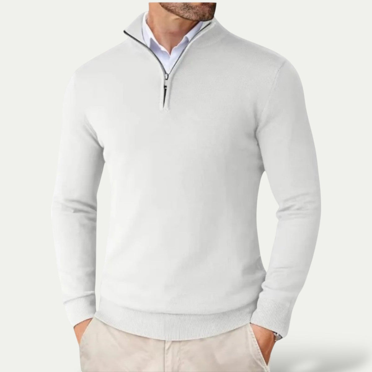 Men's Knitted Long Sleeve Half Zip Jumper in White
