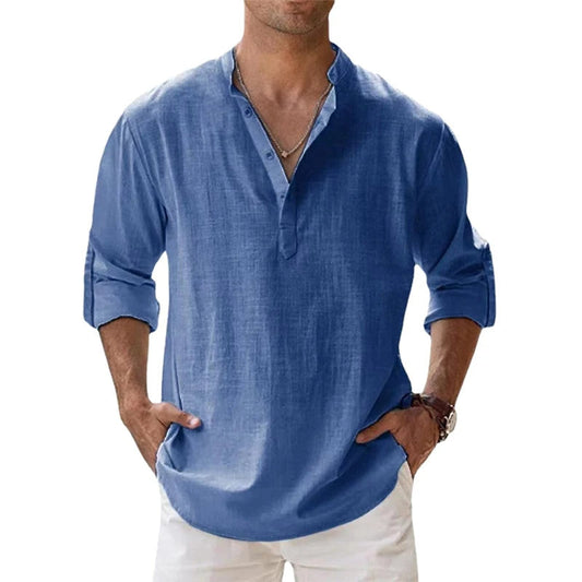 Men's Relaxed Fit Long Sleeve Draped Casual Shirt in Blue