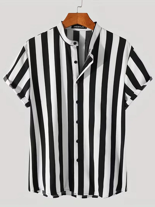Men's Black Striped Short Sleeve Button Front Shirt