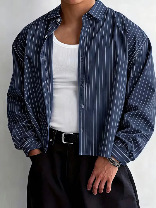 Men's Navy Blue Striped Oversized Long Sleeve Shirt