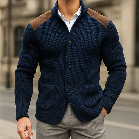 Men's Knitted Button Front Patch Pocket Cardigan in Navy blue