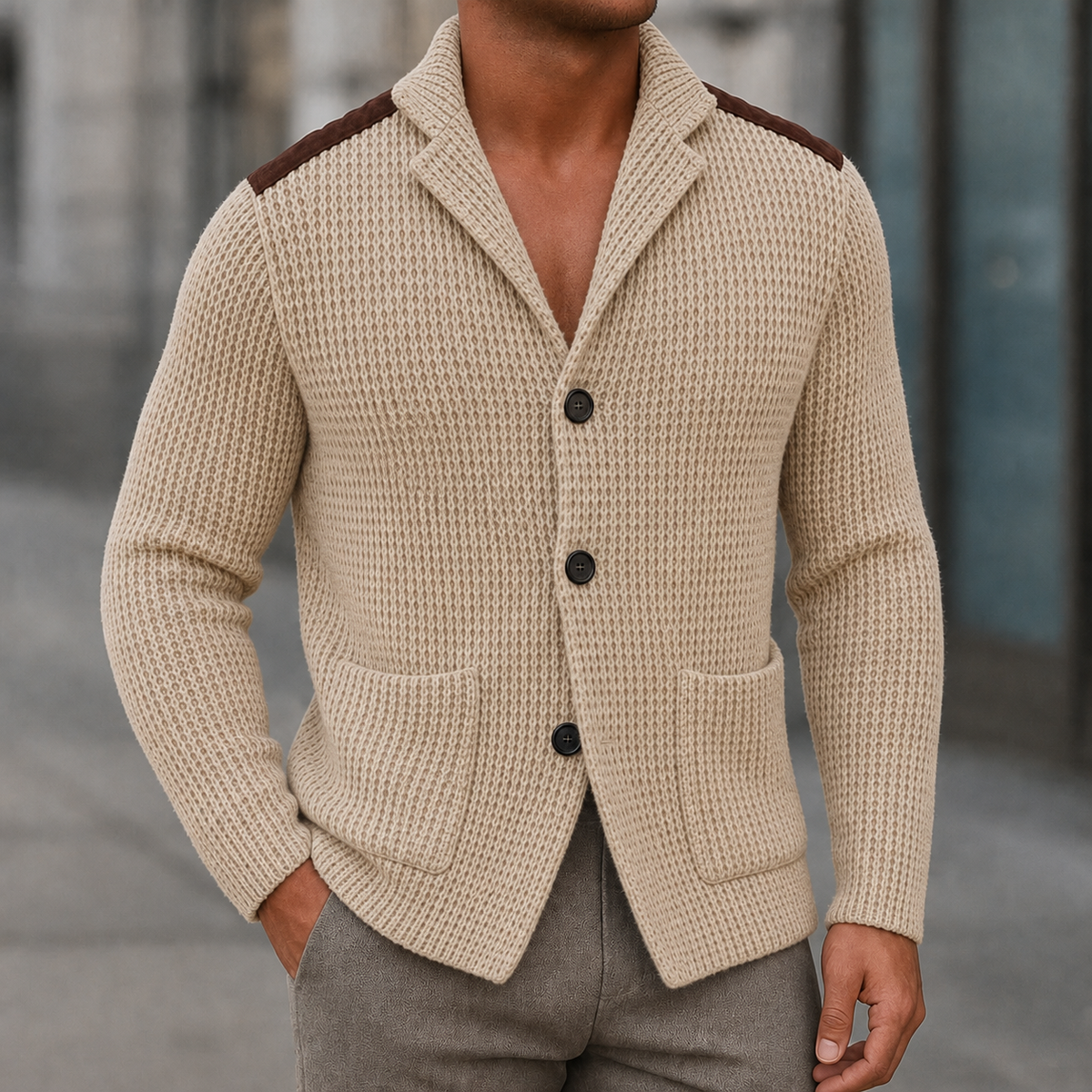 Men's Knitted Button Front Patch Pocket Cardigan in Cream