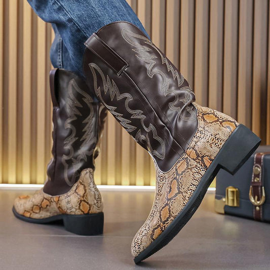 Men's Embroidered Snake Print Cowboy Boots