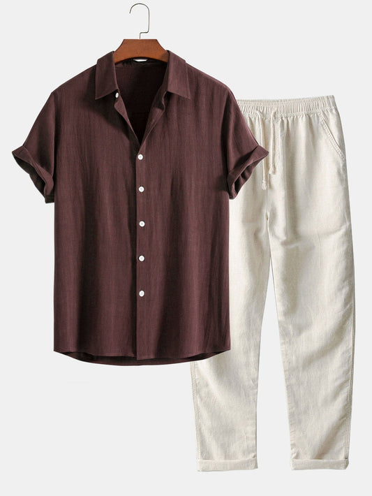 Men's Drawstring Short Sleeve Button Front Two Piece Set view 2
