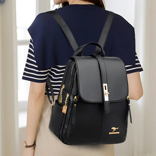 Women's Gold Hardware Flap Top Backpack in Black