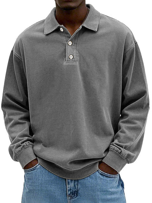 Men's Long Sleeve Vintage Polo Shirt in Grey