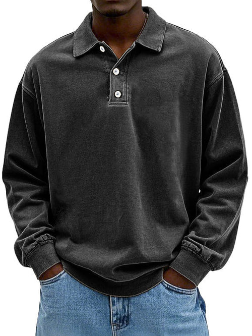 Men's Long Sleeve Vintage Polo Shirt in Black