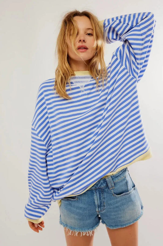 Women's Striped Knitted Relaxed Fit Lightweight Jumper in Light Blue