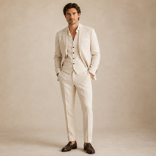 Men's Lapel Collar Button Front Single Breasted Three Piece Suit in Beige