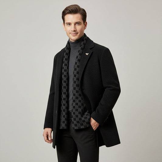 Men's Fur Lined Longline Overcoat with Scarf