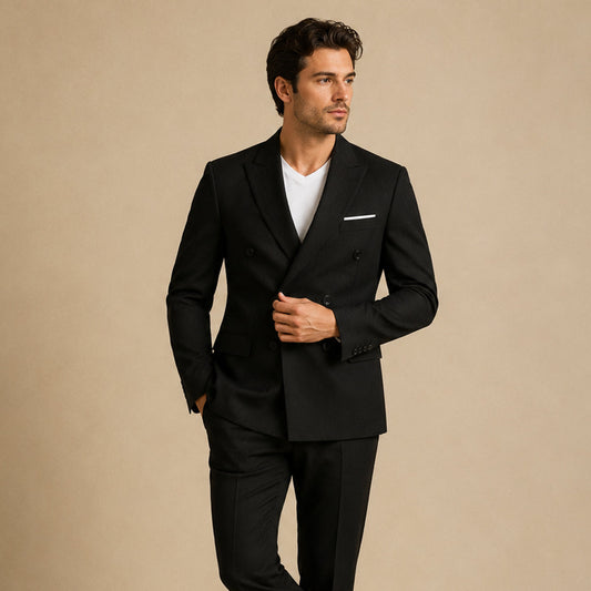 Men's Slim Fit Double Breasted Button Front Lightweight Blazer in Black