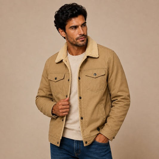 Men's Beige Fleece Lined Winter Coat