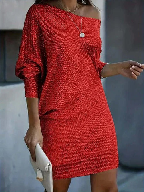 Women's Gold Off Shoulder Party Mini Dress in Red
