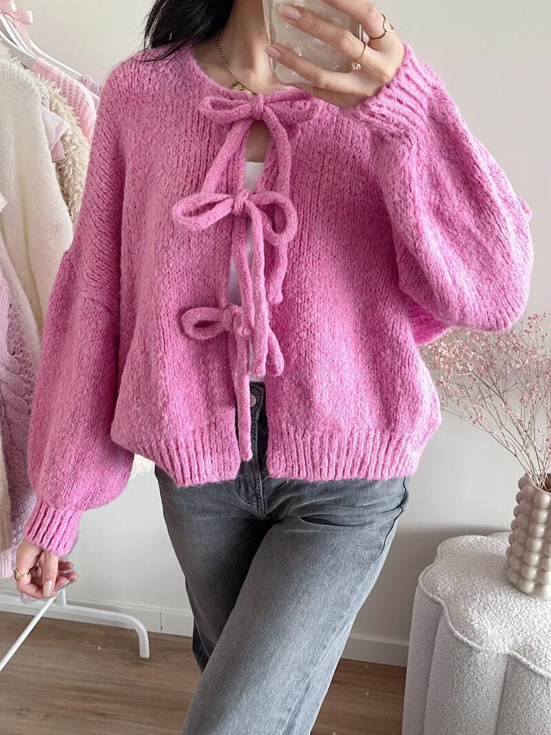 Women's Ribbed Knitted Bow Detail Cardigan