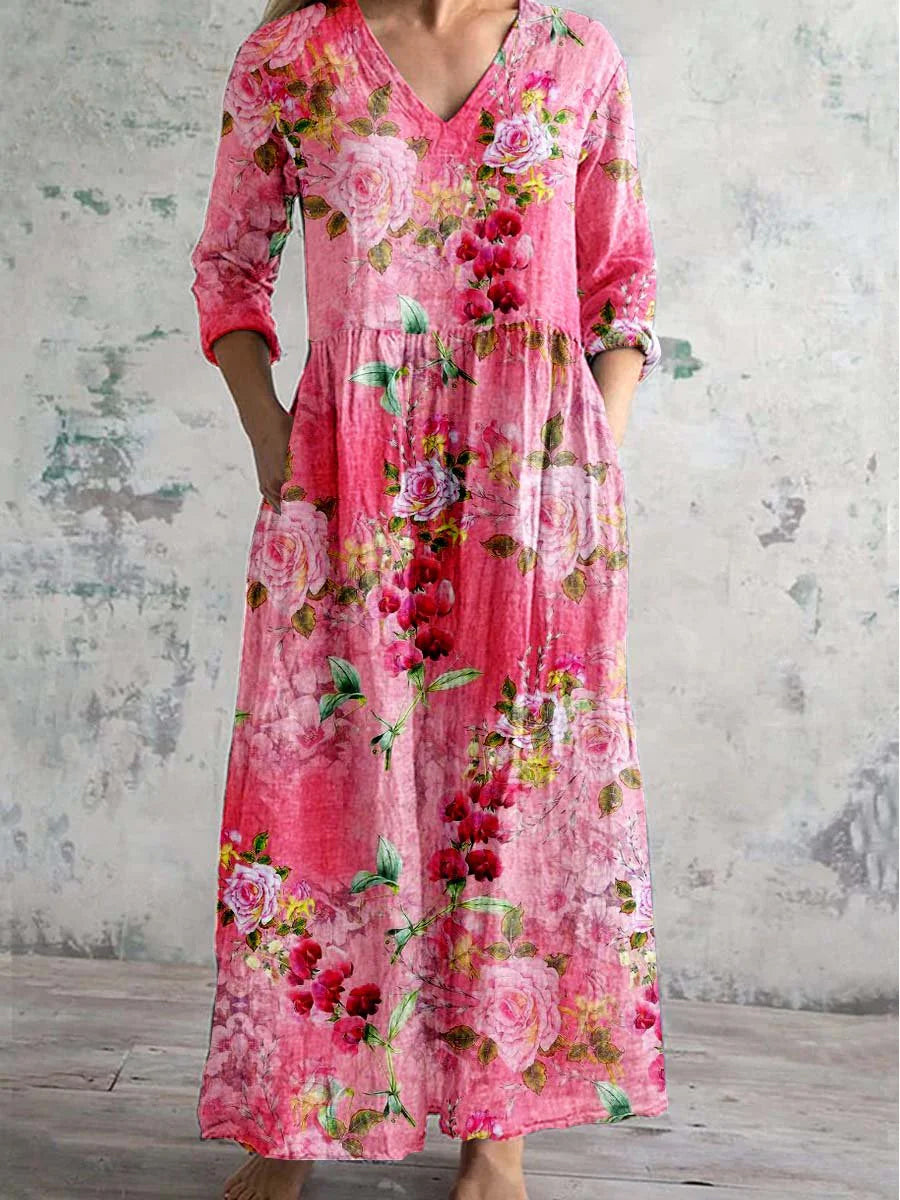 Women's V Neck Floral Pink Maxi Dress view 2