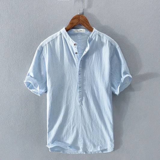 Men's Grandad Collar Short Sleeve Button Front Shirt in Sky Blue