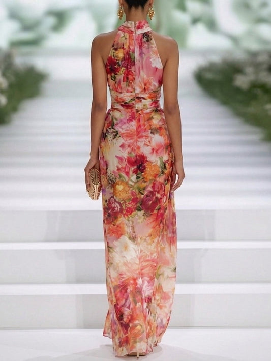 Women's Floral Halter Neck Wedding Guest Dress