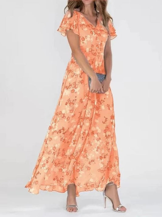 Women's Floral Short Sleeve Wrap Front Draped Maxi Dress in Orange