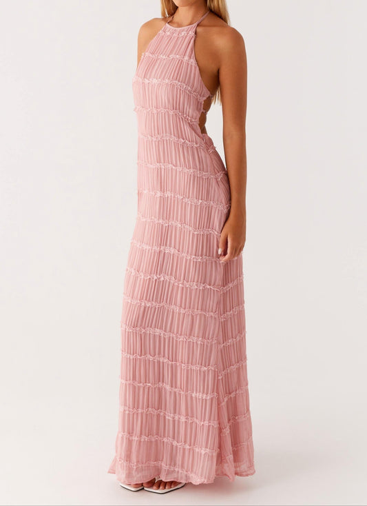 Women's Halter Neck Pleated Draped Maxi Dress