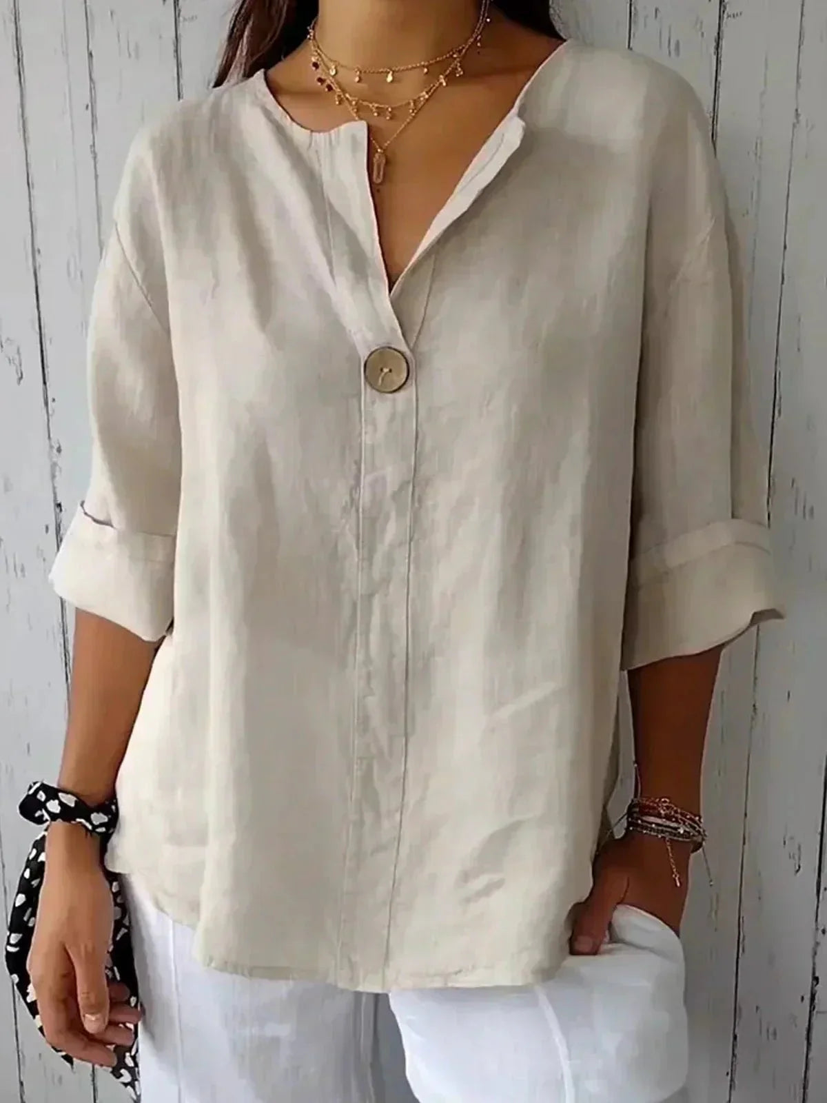 Women's Beige V Neck Blouse