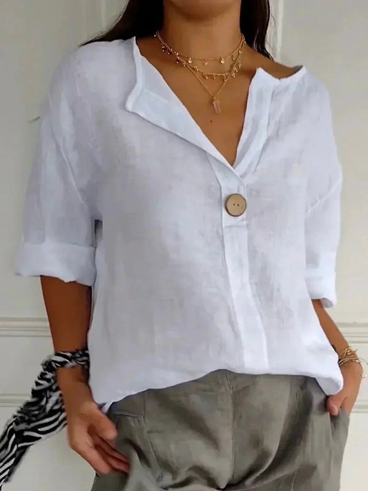 Women's Beige V Neck Blouse in White